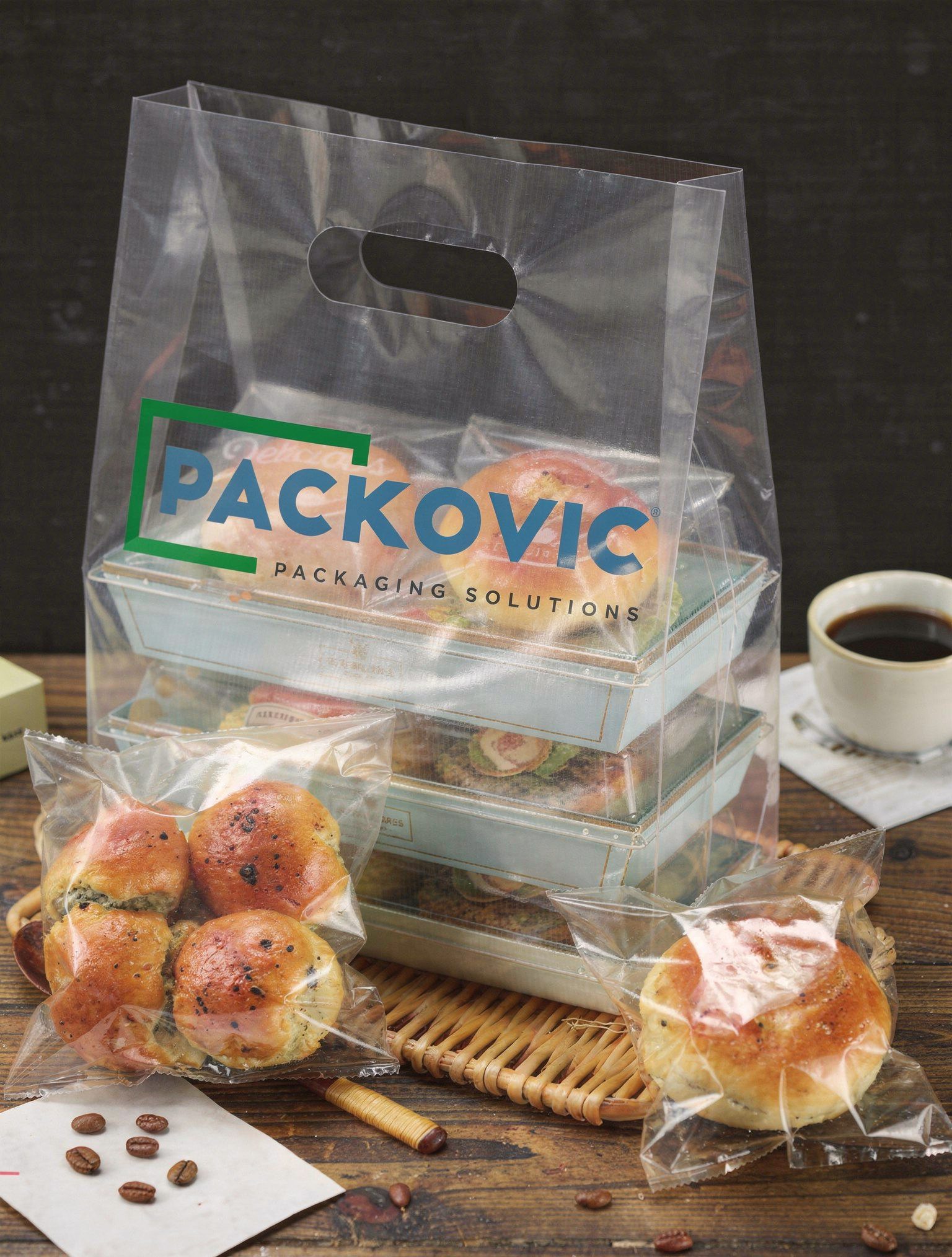 food and bakery plastic bags, product photography, high quality, professional